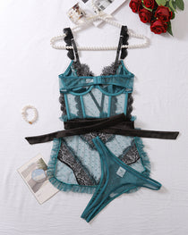 Sexy Colorblock Lace See-through Mesh Hollow-out Backless Underwire Lingerie Set