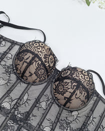 Sexy Strapless Lace Mesh See-through Underwire Bra Back Tie Fishbone Top