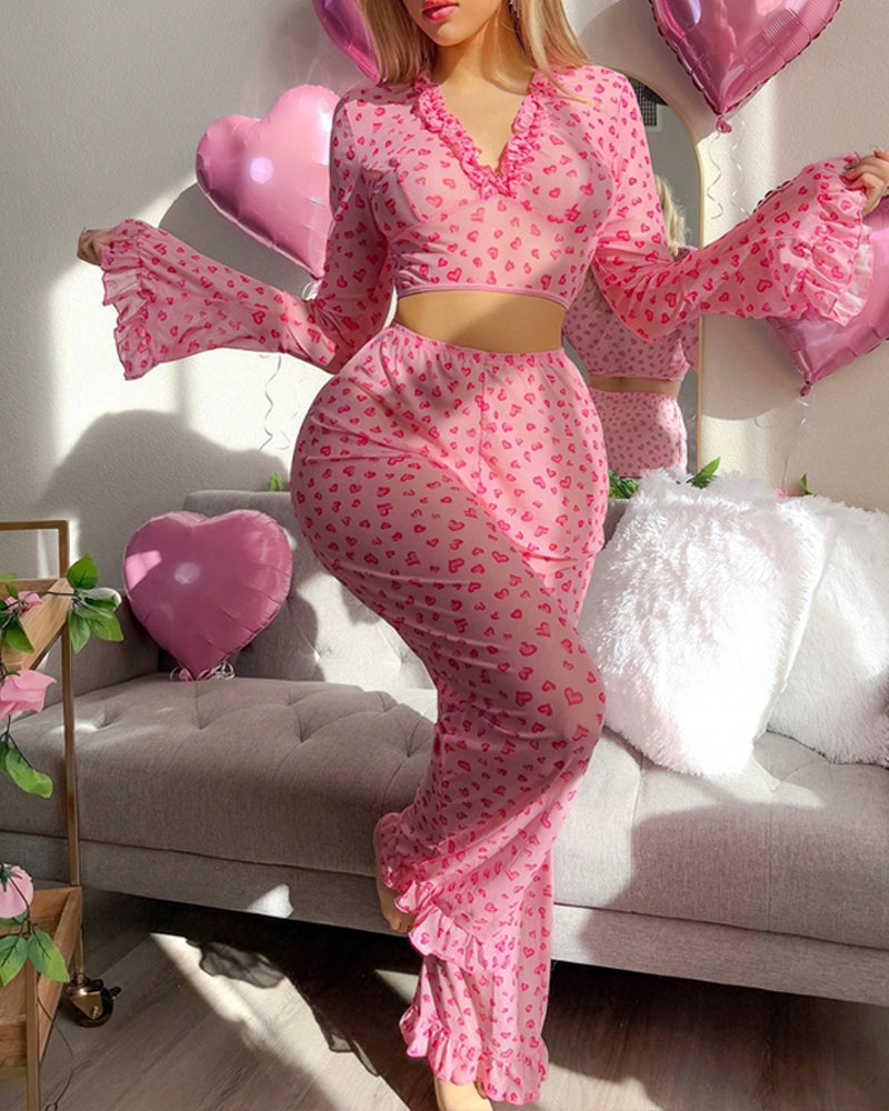 Valentine's Day Heart Print V-Neck Flared Long-Sleeved Top and Pants Pajama Set Secondary image