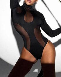 Sexy See-through Mesh Patchwork Yight-fitting Waist-cinching Long-sleeved Bodysuit