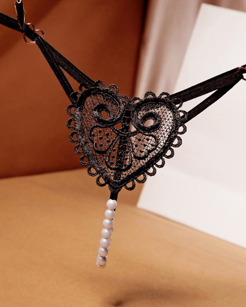 Sexy Heart-Shaped Lace Flower Pearl Embellished Thong Main image