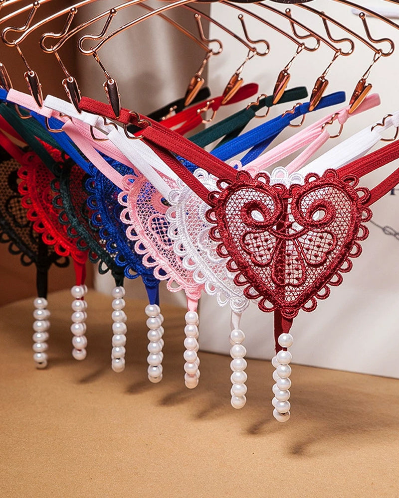 Sexy Heart-Shaped Lace Flower Pearl Embellished Thong Secondary image