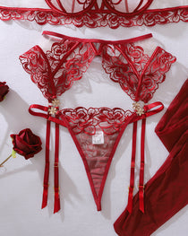 Floral Embroidery See-through Push-up Shaping Thin Sexy Lingerie Set with Stockings