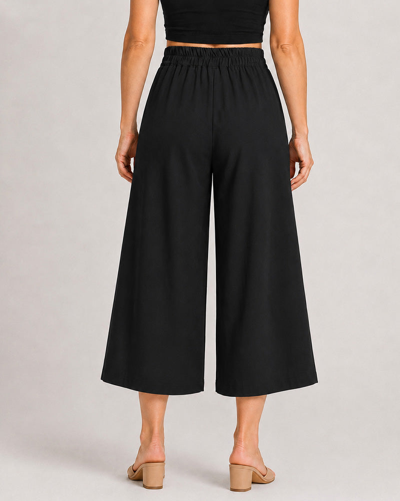 Cotton Linen Elastic Waistband with Pockets Wide-leg Capri Pants