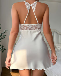 Satin Lace Patchwork Deep V-neck Polka-dot Mesh Backless Camisole Nightgown