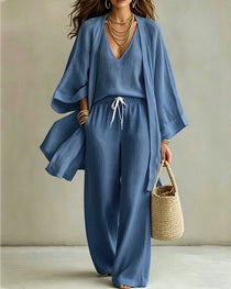 Casual Loose Cotton Linen Sleeveless Vest, Wide-leg Pants and Cardigan Three-piece Set