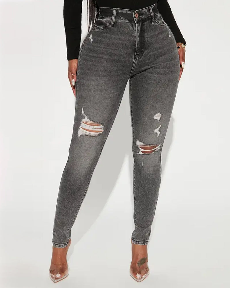 Washed High-stretch Tight-fitting Ripped Skinny Jeans Main image
