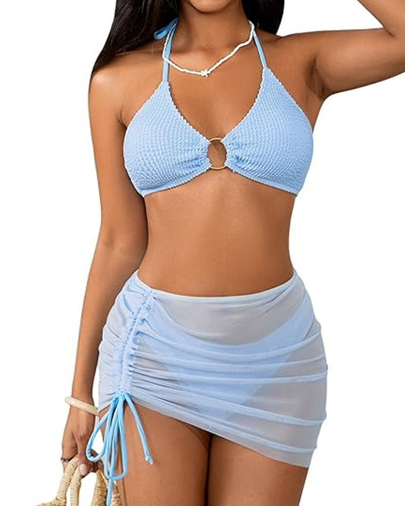 Women's 3 Piece Bathing Suits Halter Ring Bikini Set with Cover Up Skirts Main image