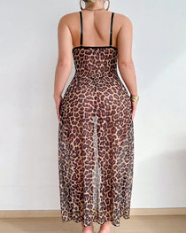 Leopard Print Sexy See-through High-slit Camisole Nightgown Set