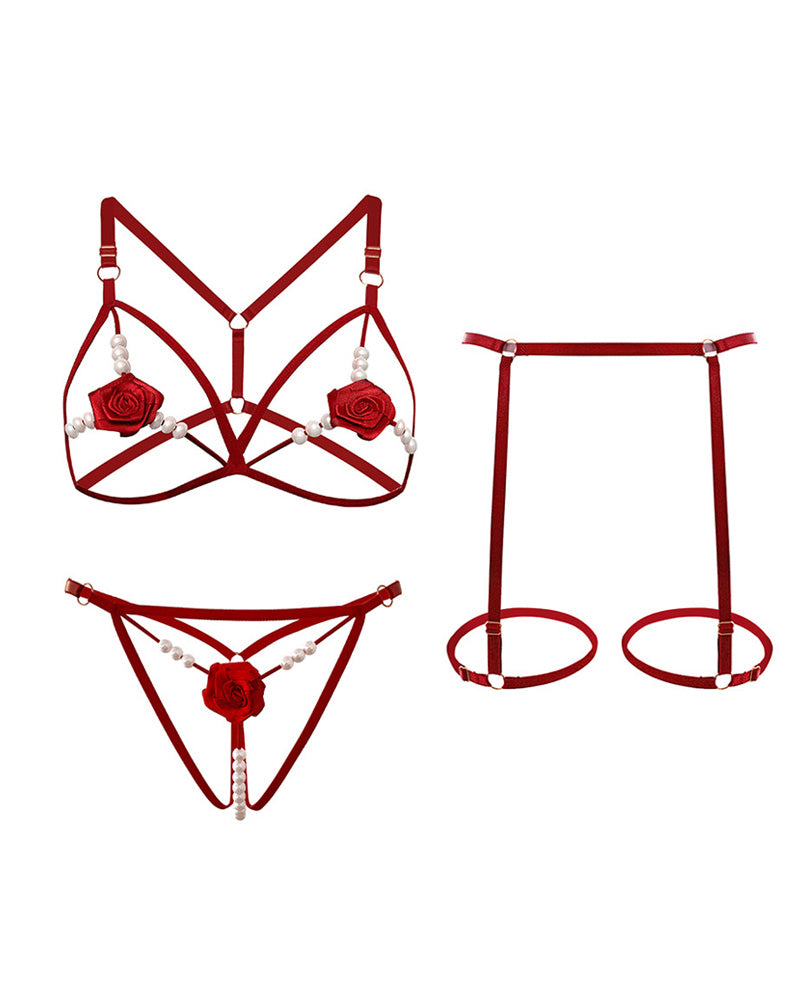 Sexy Rose Beaded Hollow-Out Three-Piece Lingerie Set